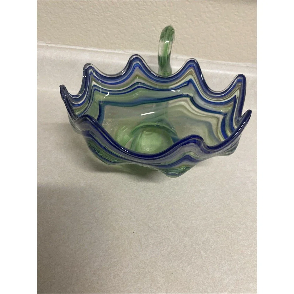 Vintage Green And Blue Swirl Art Glass Swan Bowl